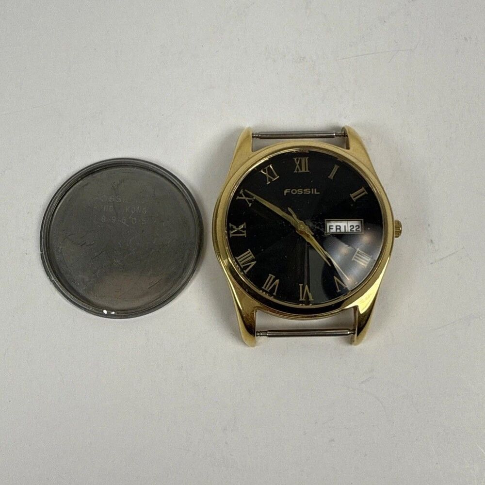 Fossil Watch Men Women 34mm Gold Tone Black Dial Day Date Faceted - For Parts